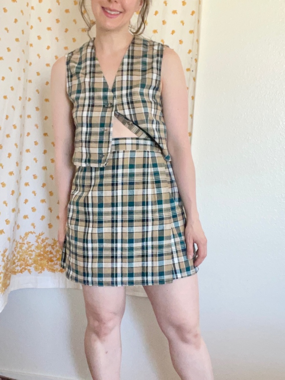Vintage Plaid Linen Cotton Skort Set Cropped Vest 90s Y2K